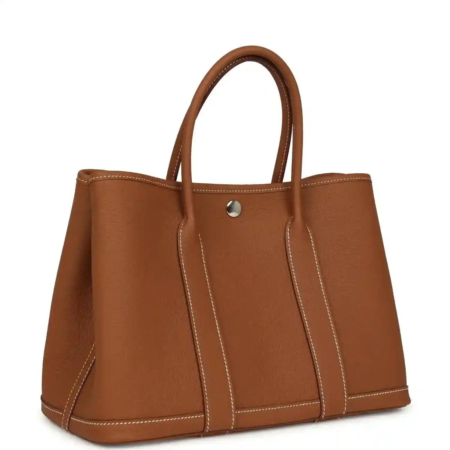 Brown leather tote bag with two handles and central gold-tone snap closure