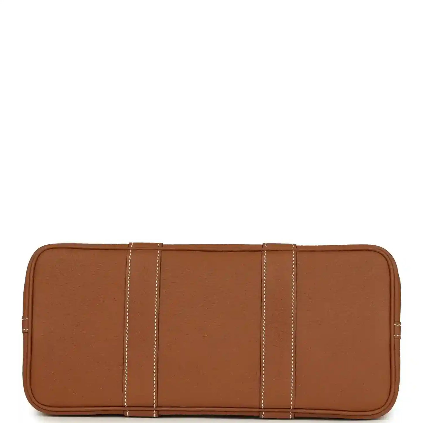 Brown leather tote bag with snap front and stitched panel details