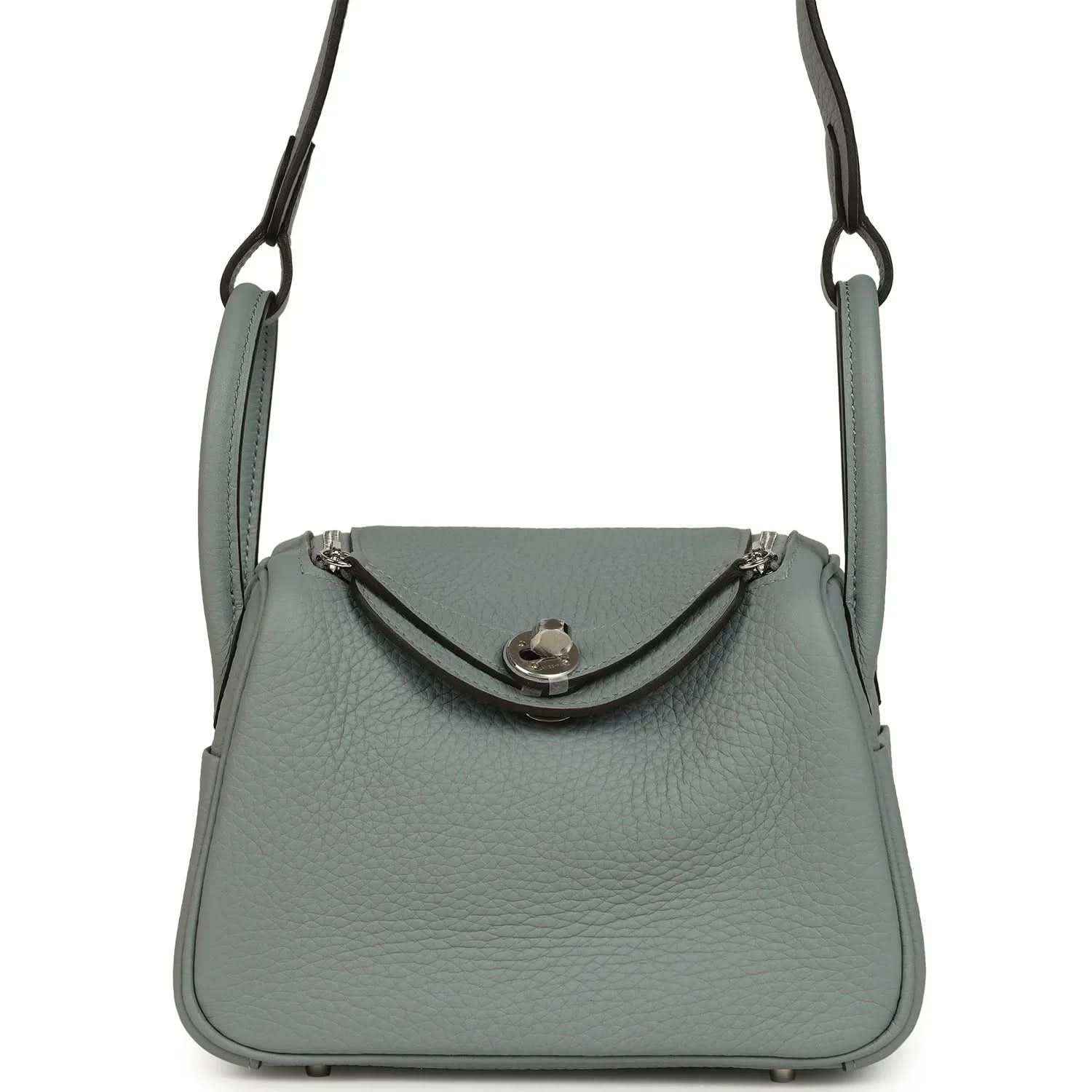 Mini leather handbag with top handles and front flap clasp, gray-green tone