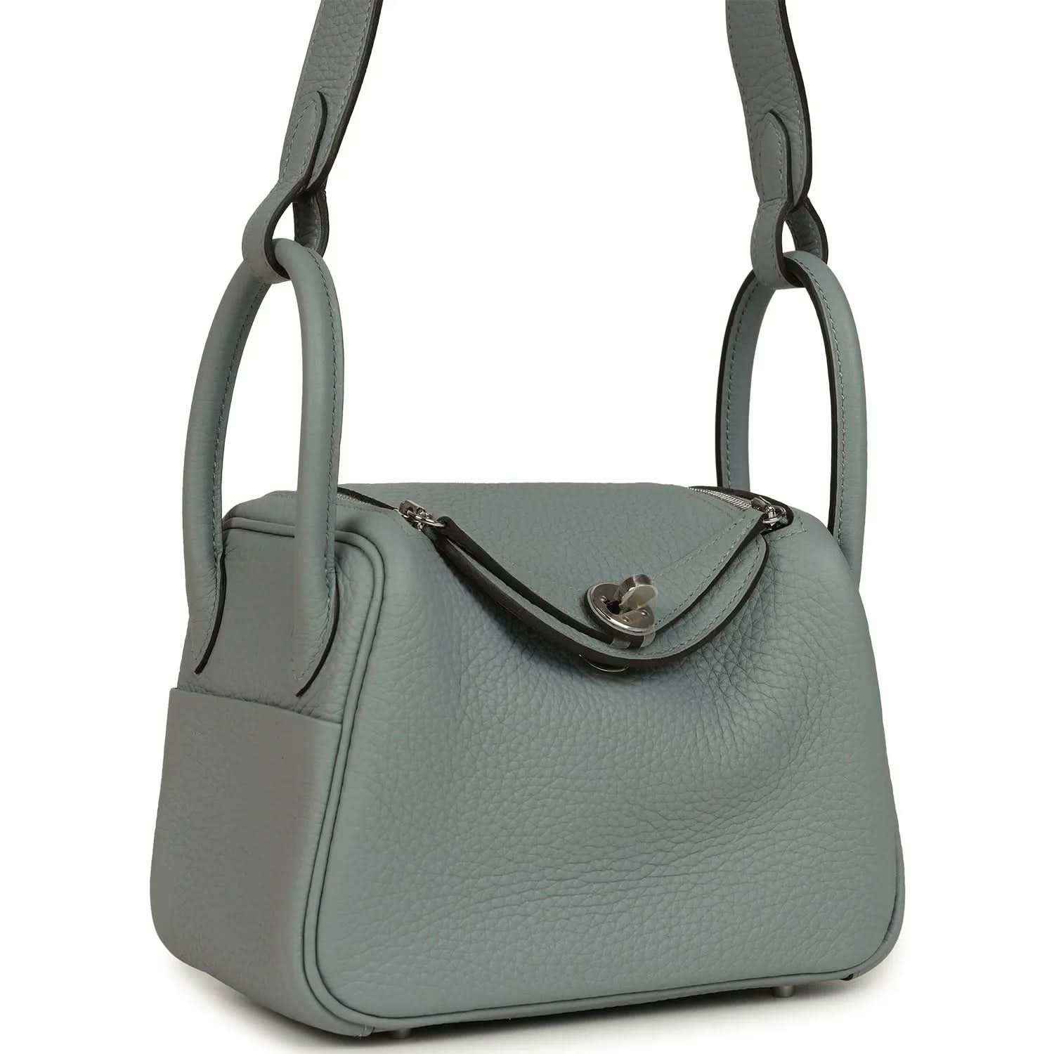 Mini leather handbag with dual handles and front flap, gray-green tone