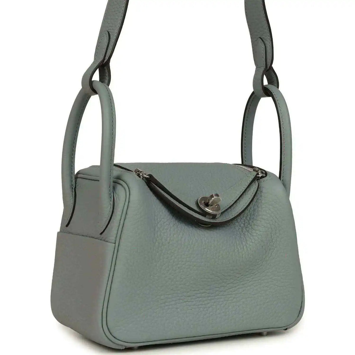 Mini leather handbag with dual handles and front flap, gray-green tone