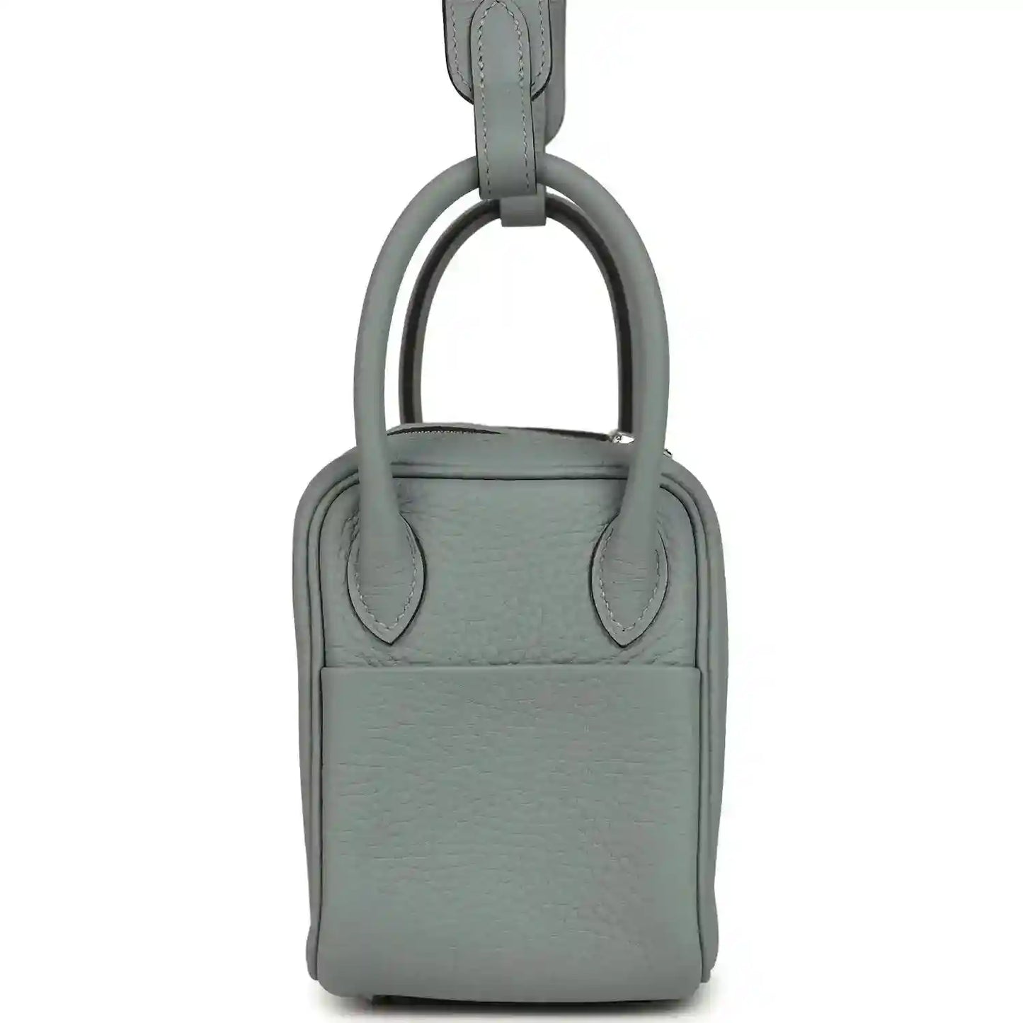 Mini leather handbag with top handle, front panel and magnetic clasp, gray-green