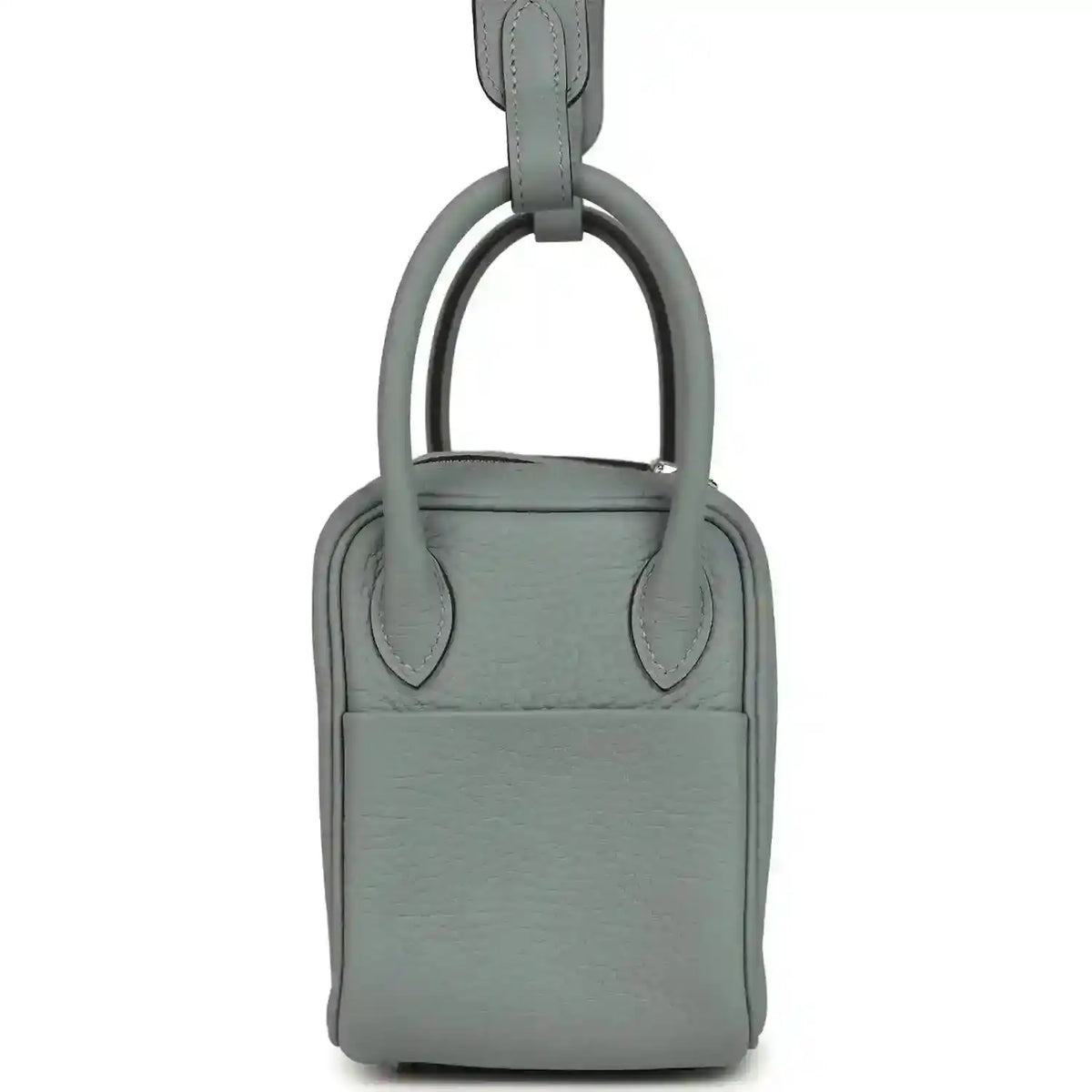 Mini leather handbag with top handle, front panel and magnetic clasp, gray-green