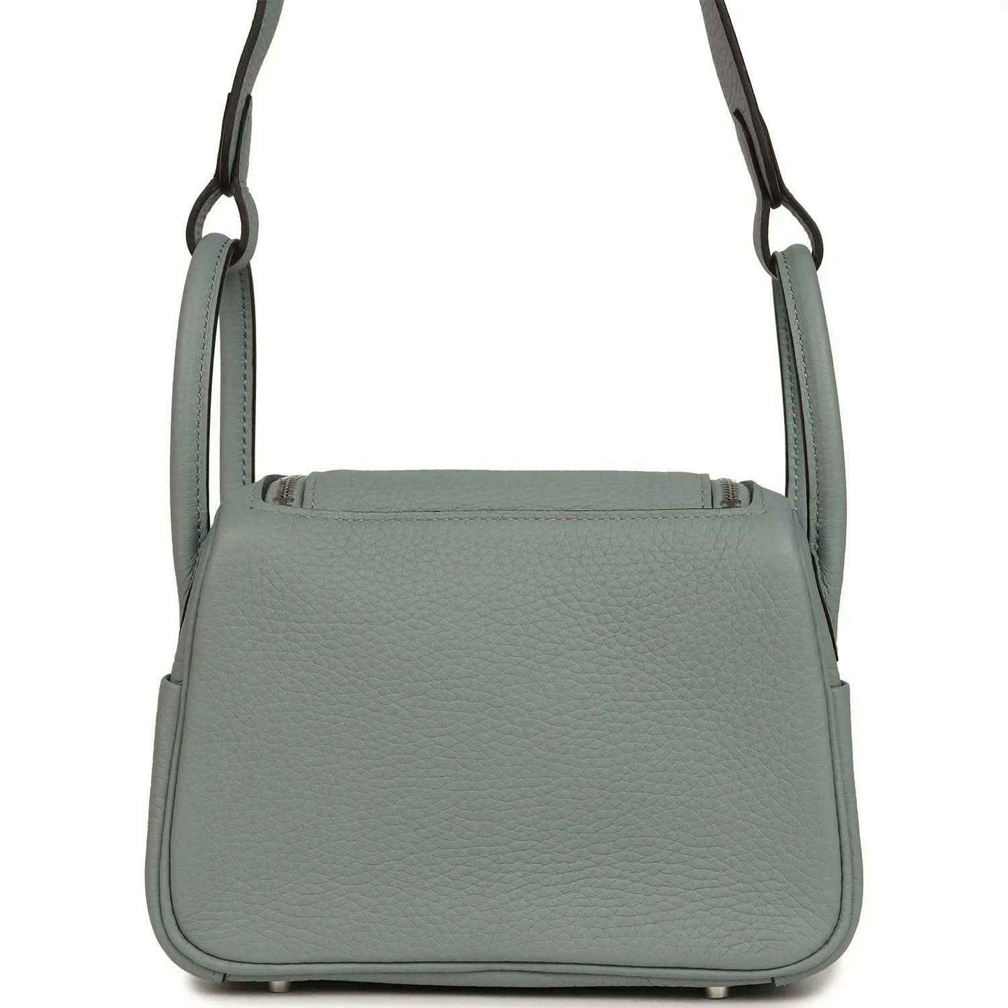 Mini leather handbag with structured body and front flap, gray-green tone