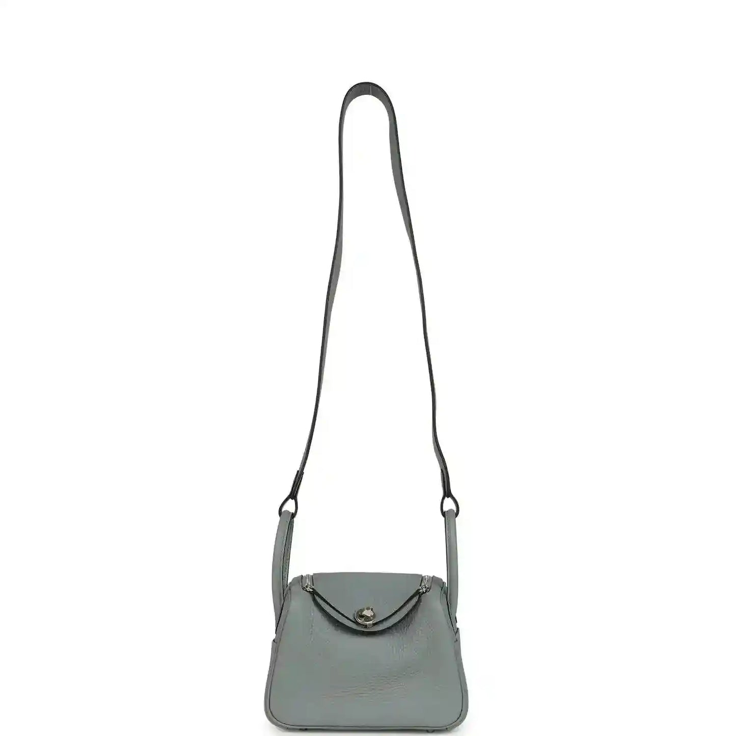 Mini crossbody handbag with thin adjustable strap and top flap, gray-green tone
