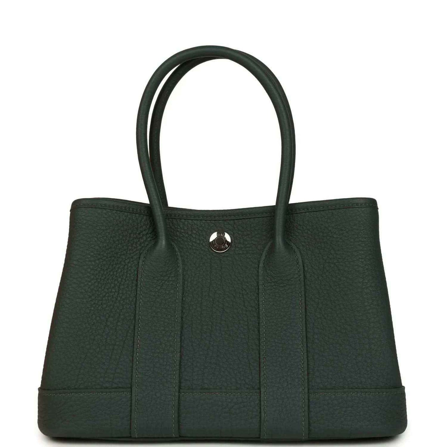 Green leather tote handbag with top handles and front vertical paneling