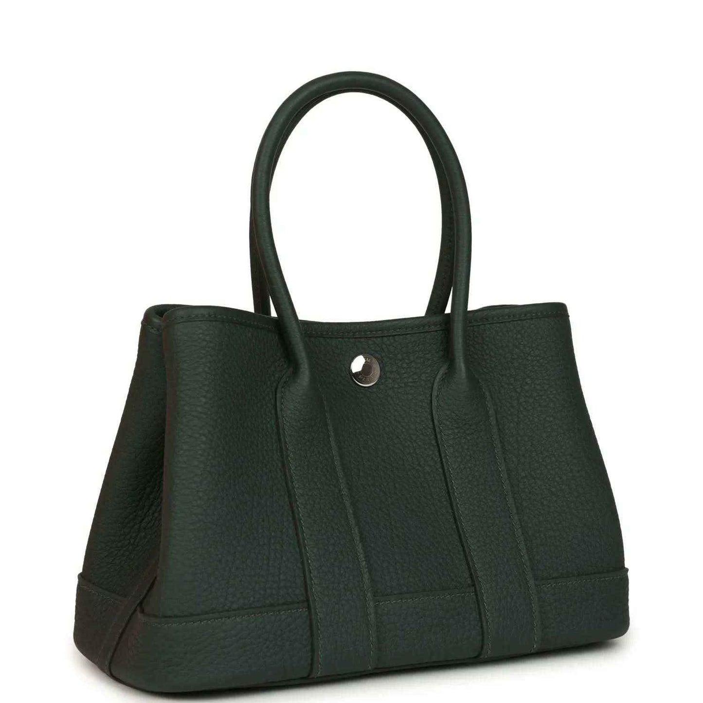 Dark green leather tote handbag with top handles and front center clasp