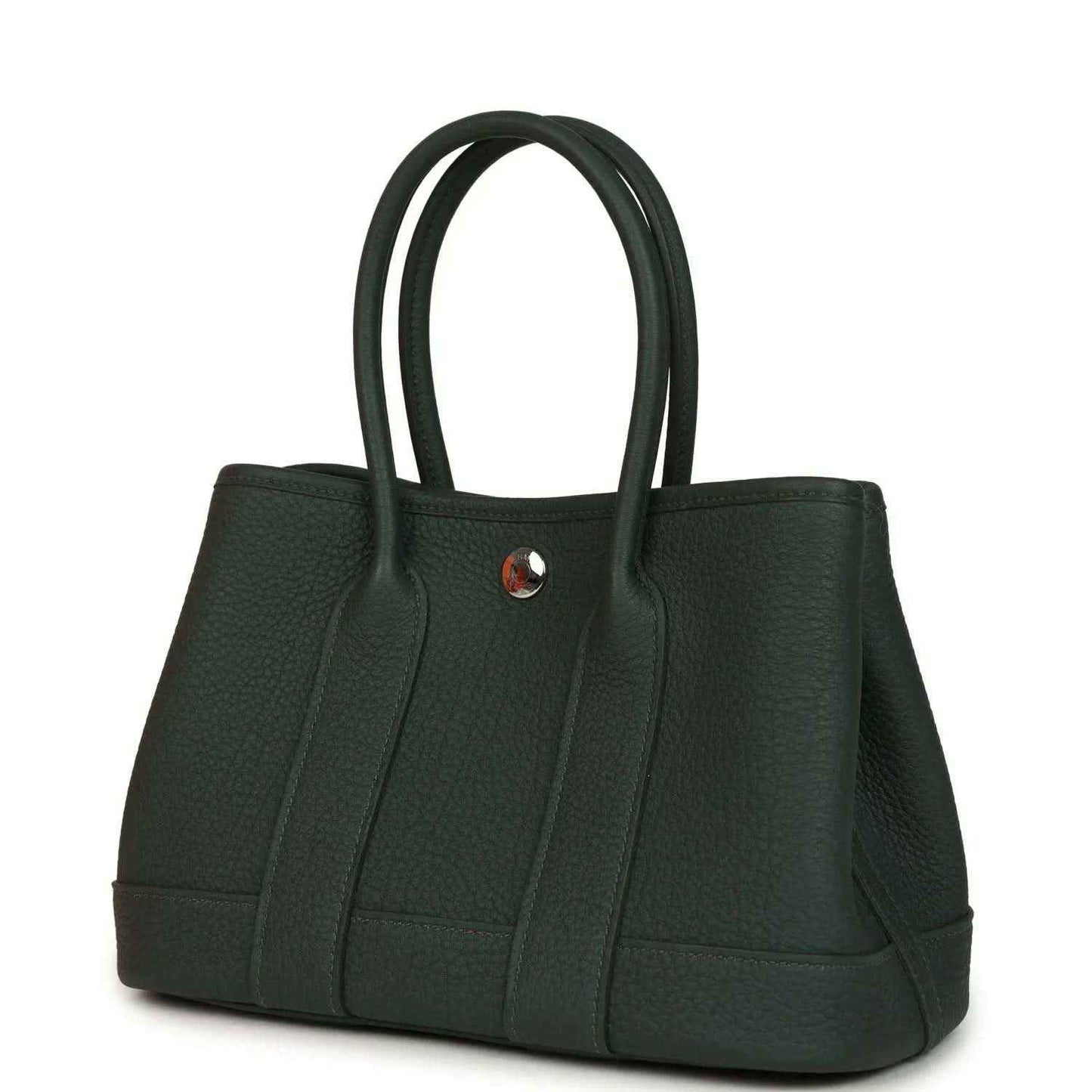 Green leather tote handbag with top handles and structured front panel design