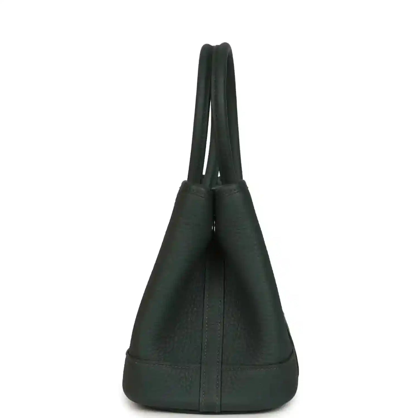 Dark green leather handbag with curved top handles, structured body, and bottom panel