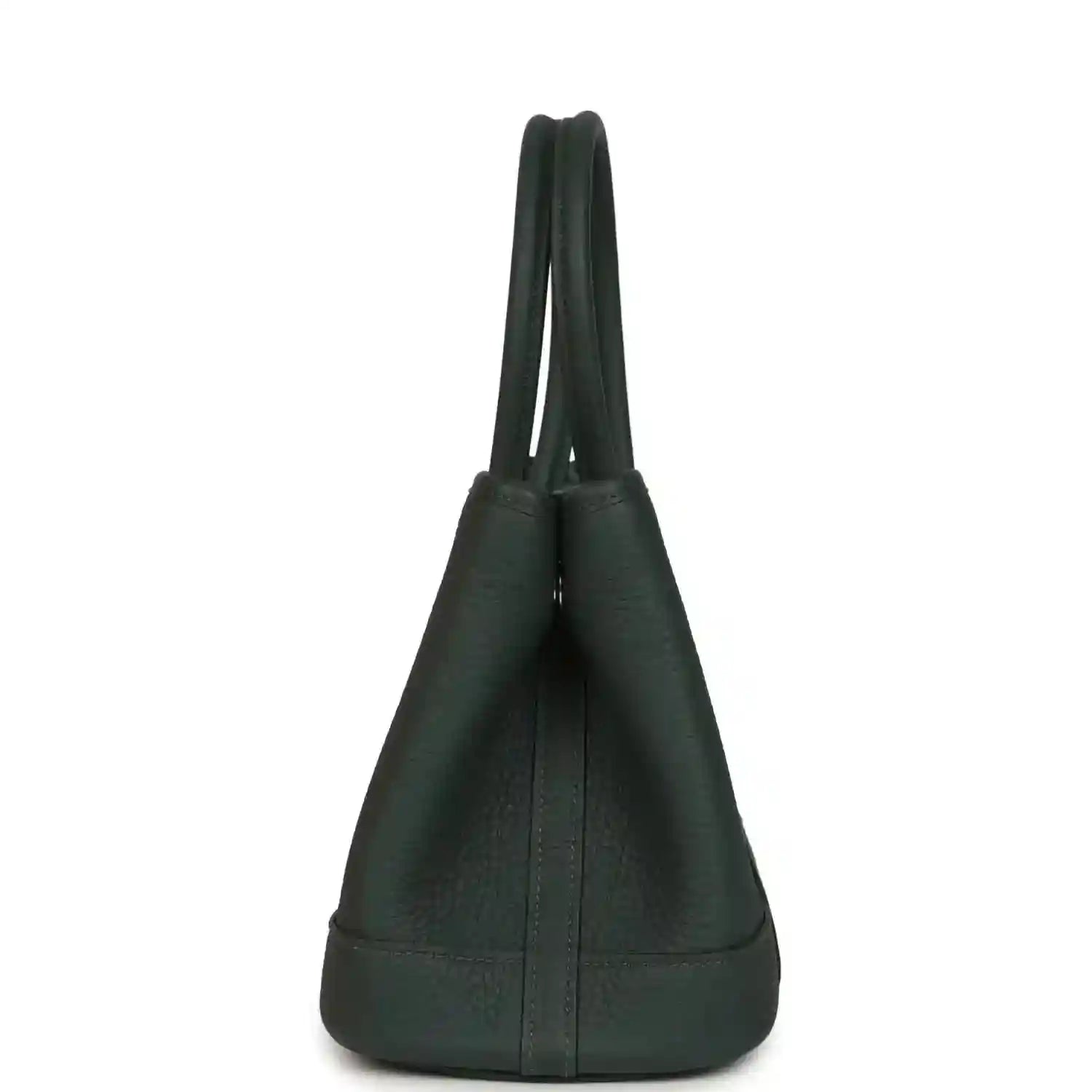 Dark green leather handbag with curved top handles, structured body, and bottom panel