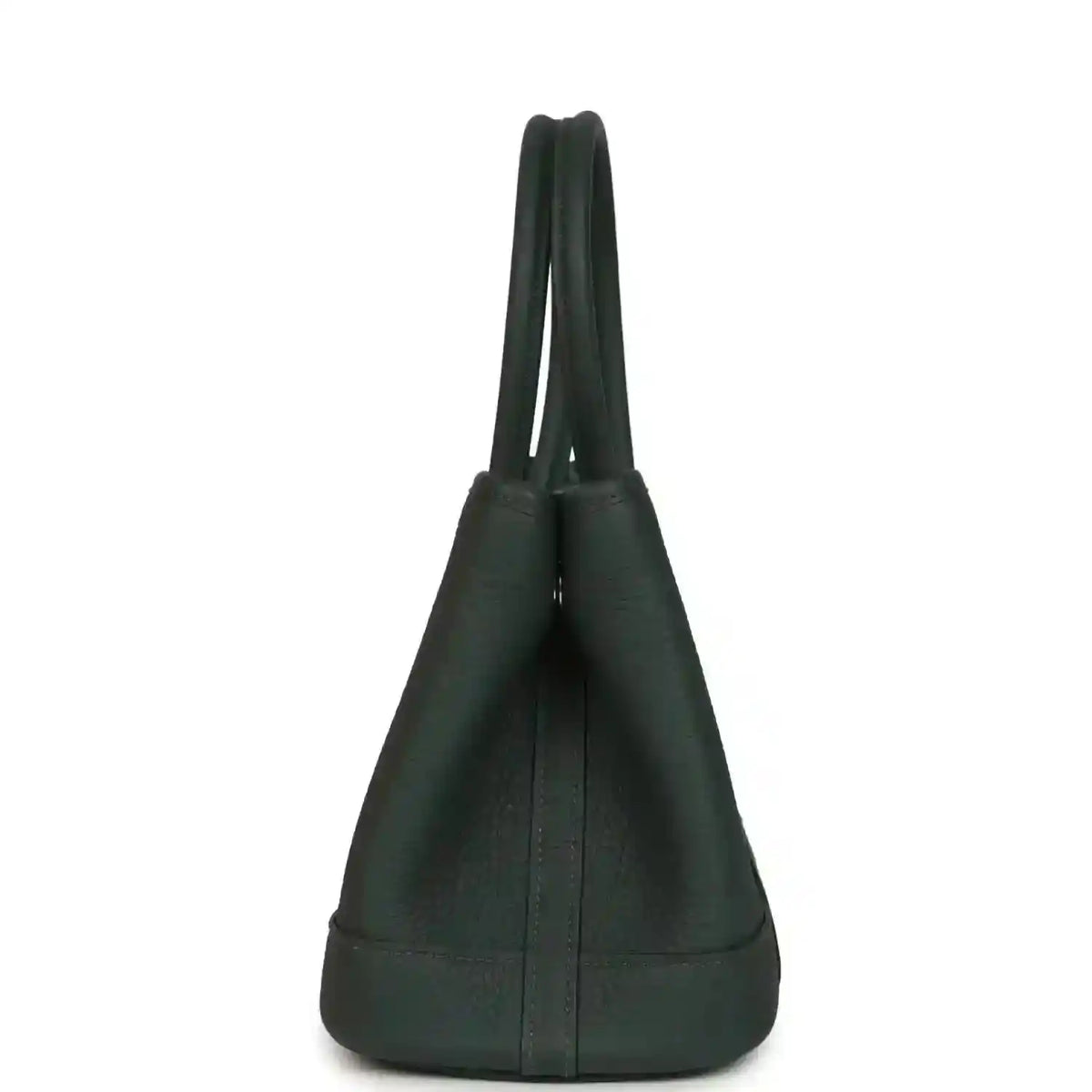 Dark green leather handbag with curved top handles, structured body, and bottom panel