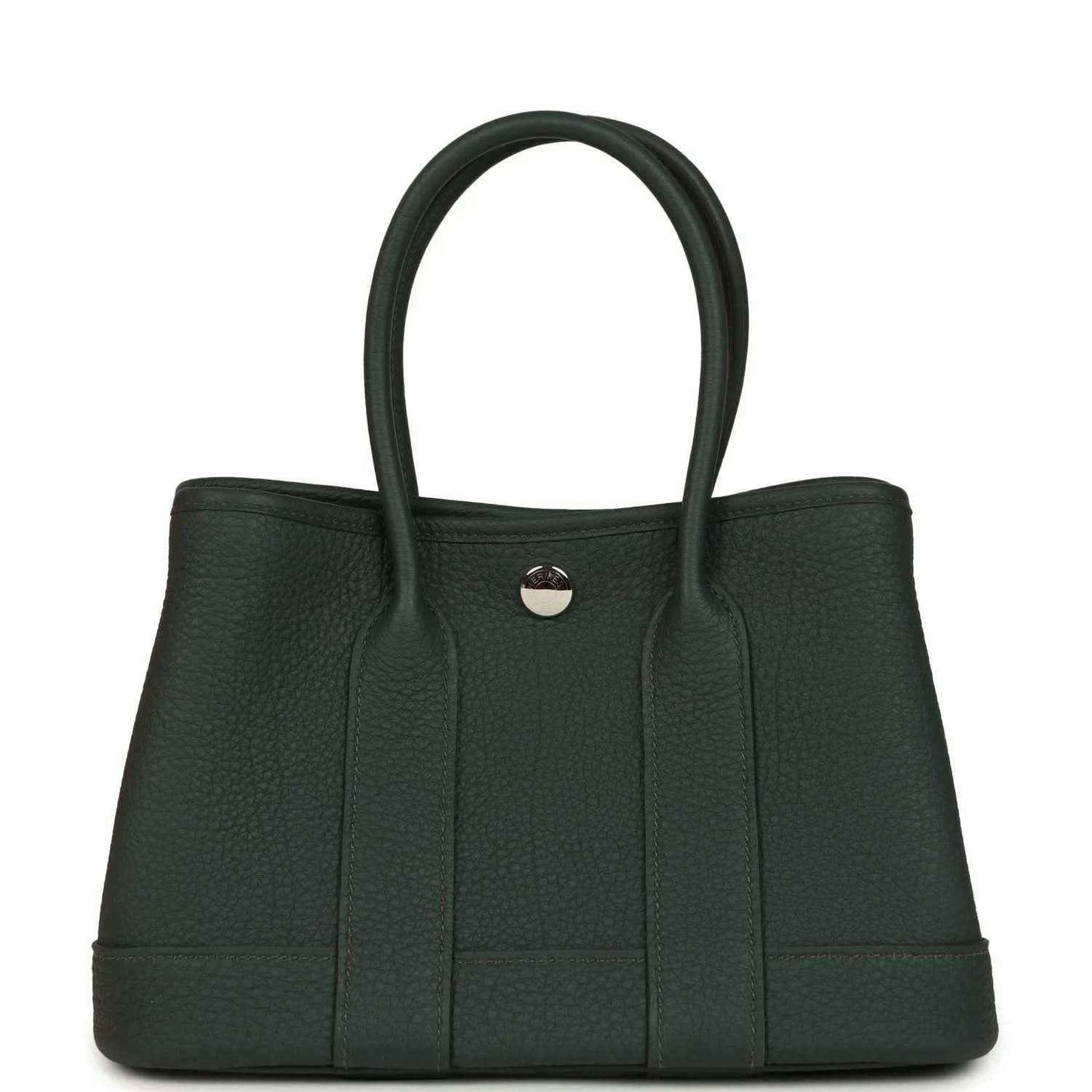 Dark green leather tote handbag with top handles and round front metal clasp