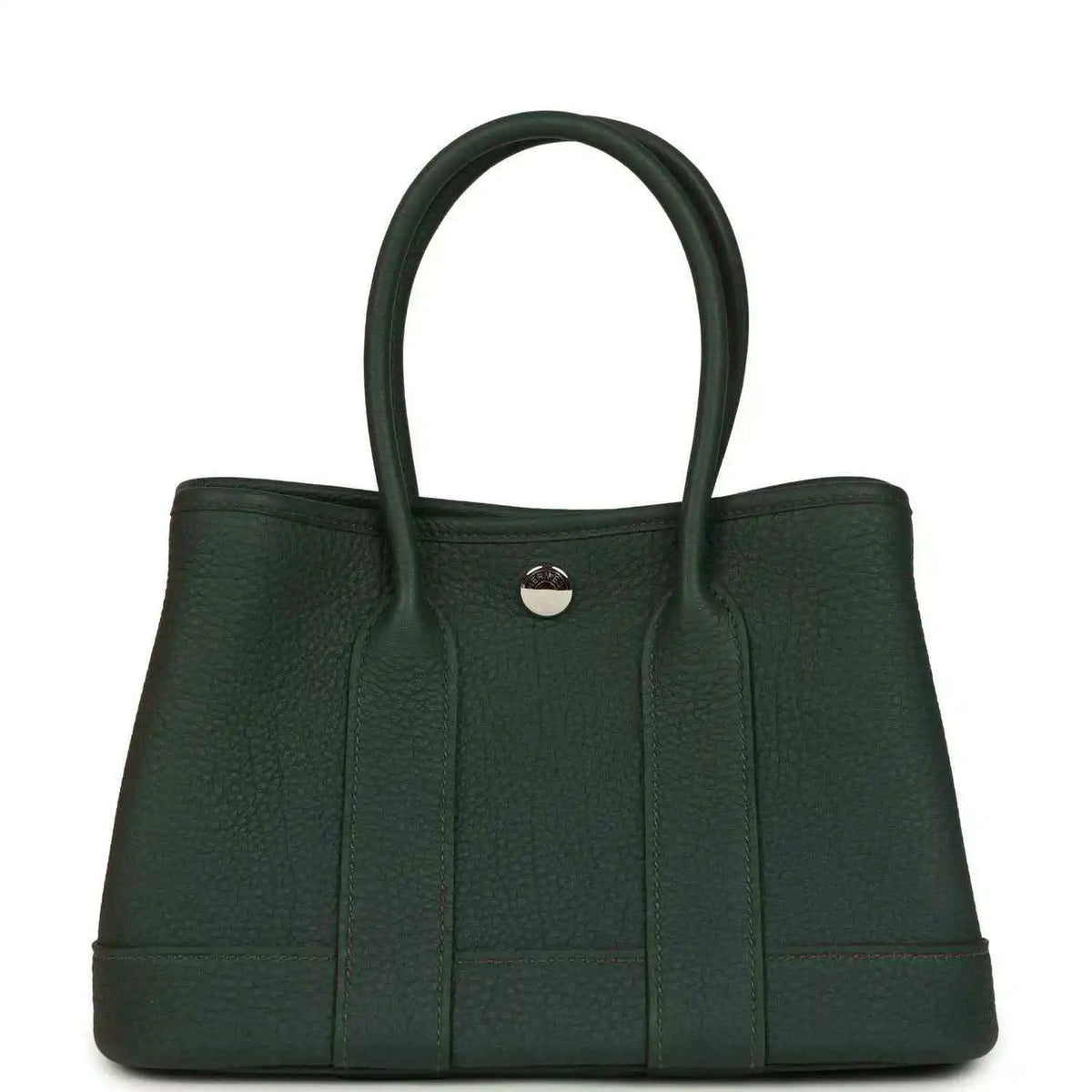 Dark green leather tote handbag with top handles and round front metal clasp