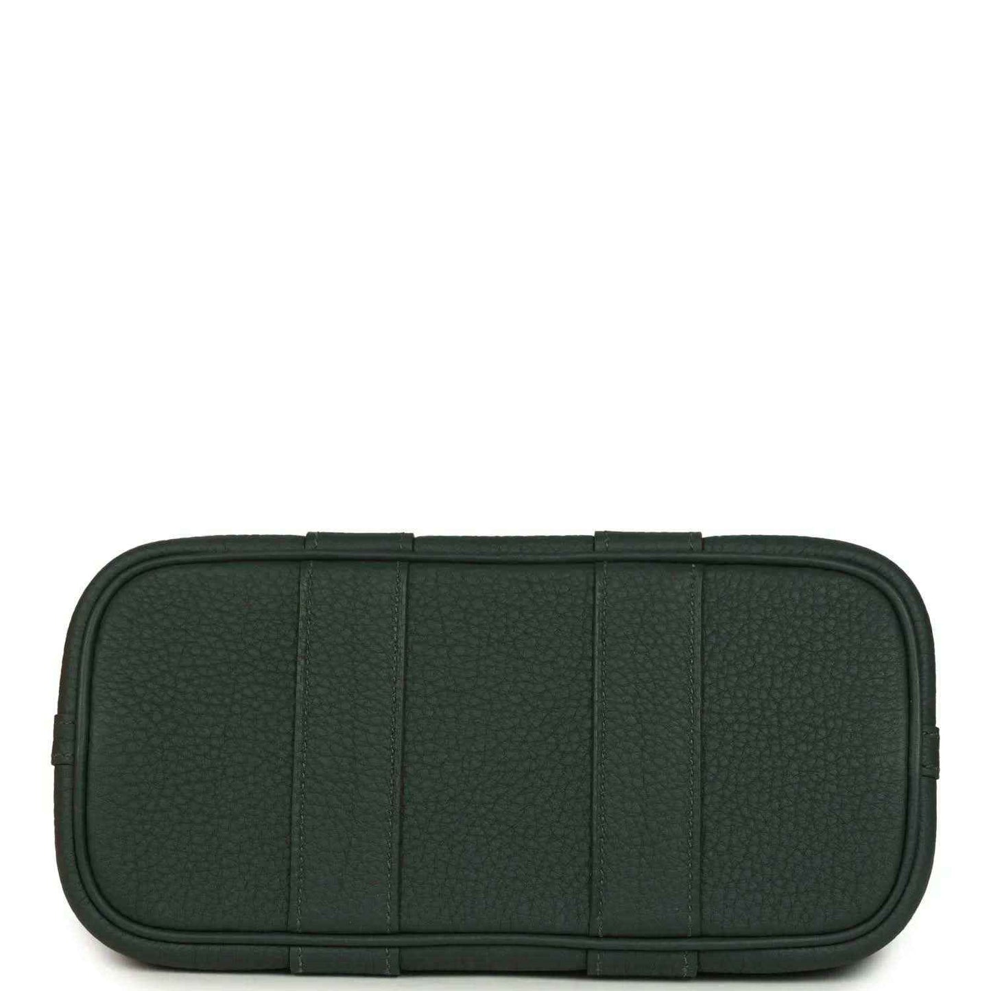 Dark green leather inner pouch with segmented stitched panels and zipper top