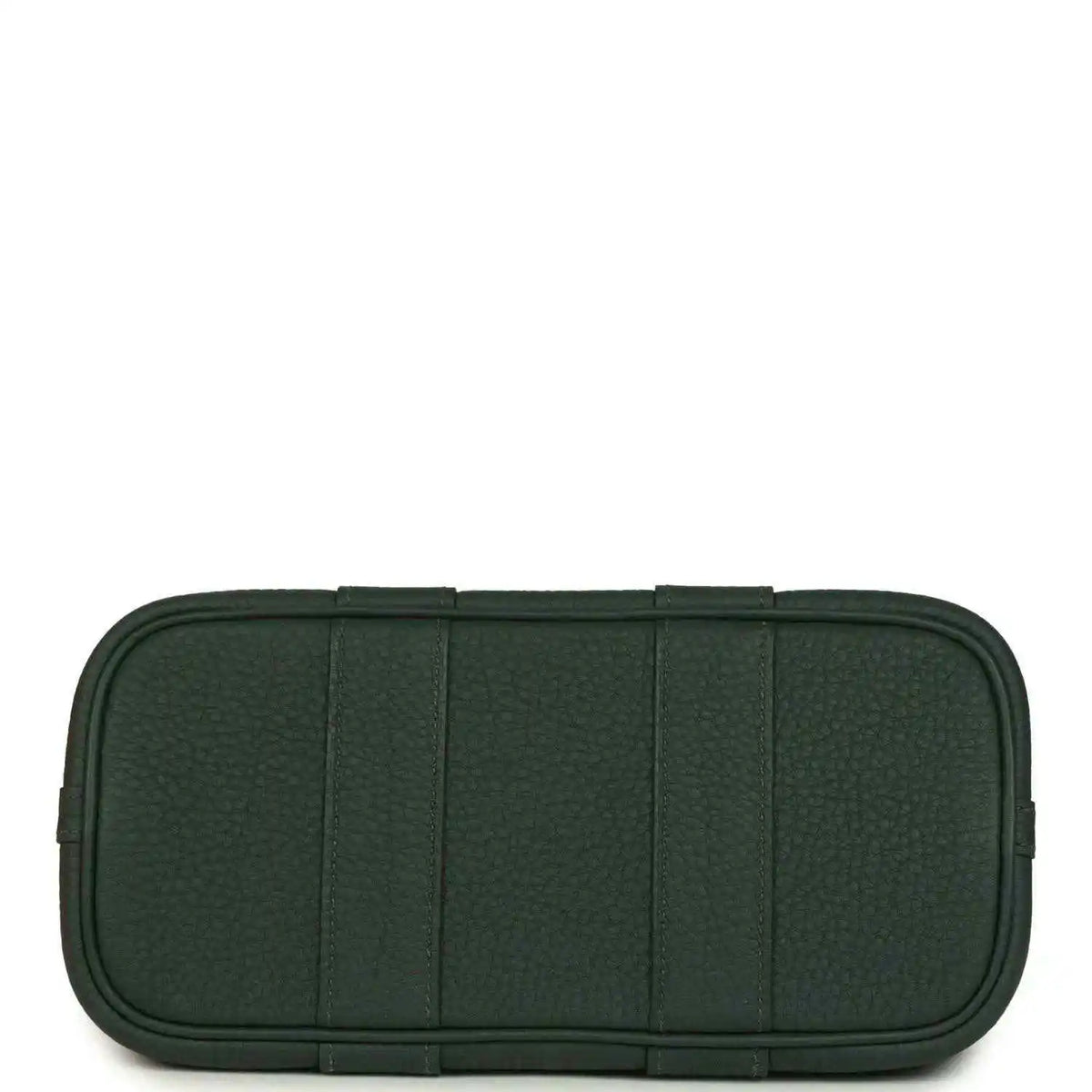 Dark green leather inner pouch with segmented stitched panels and zipper top