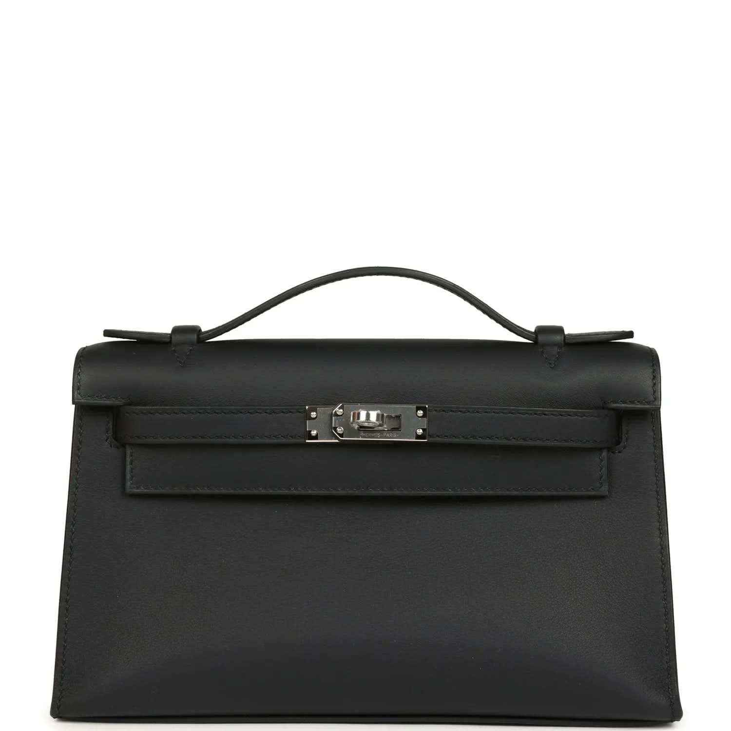Hermes Kelly pochette handbag in black swift leather with palladium clasp
