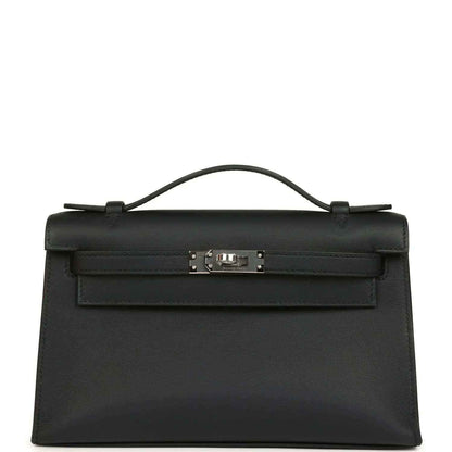 Hermes Kelly pochette handbag in black swift leather with palladium clasp
