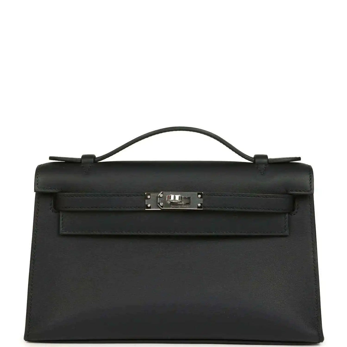 Hermes Kelly pochette handbag in black swift leather with palladium clasp