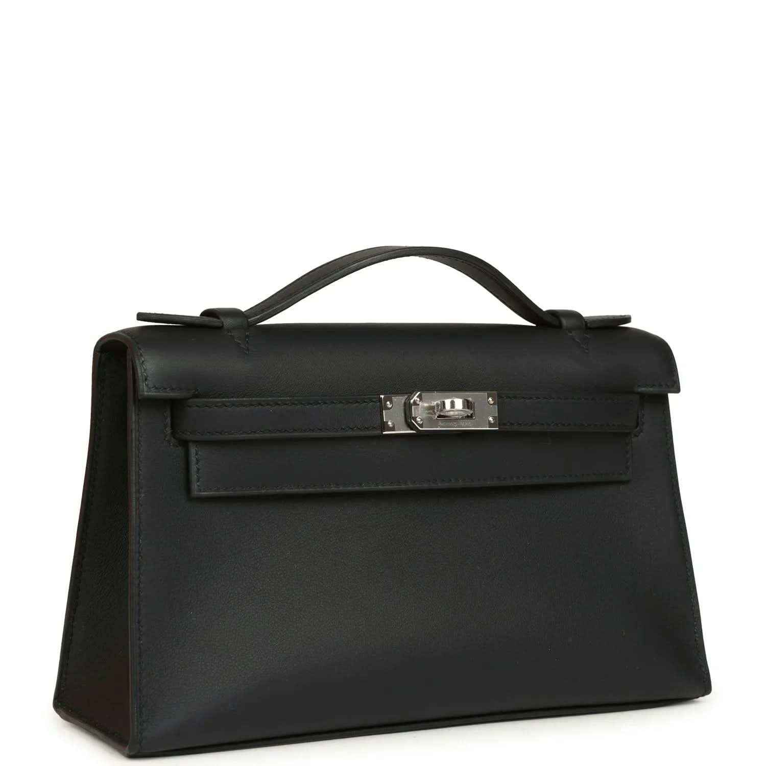 Hermes Kelly pochette handbag angled view in black leather with palladium clasp