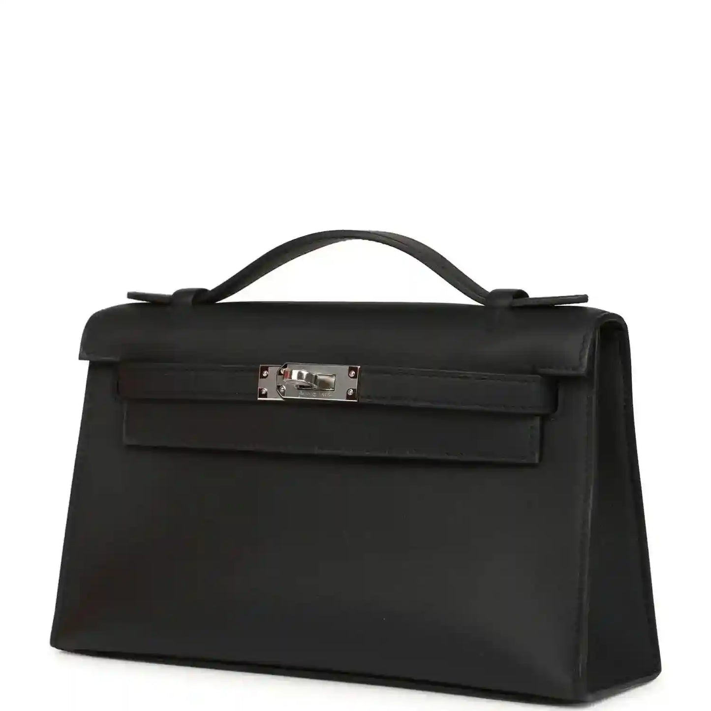 Hermes Kelly pochette handbag front view in black leather with palladium clasp