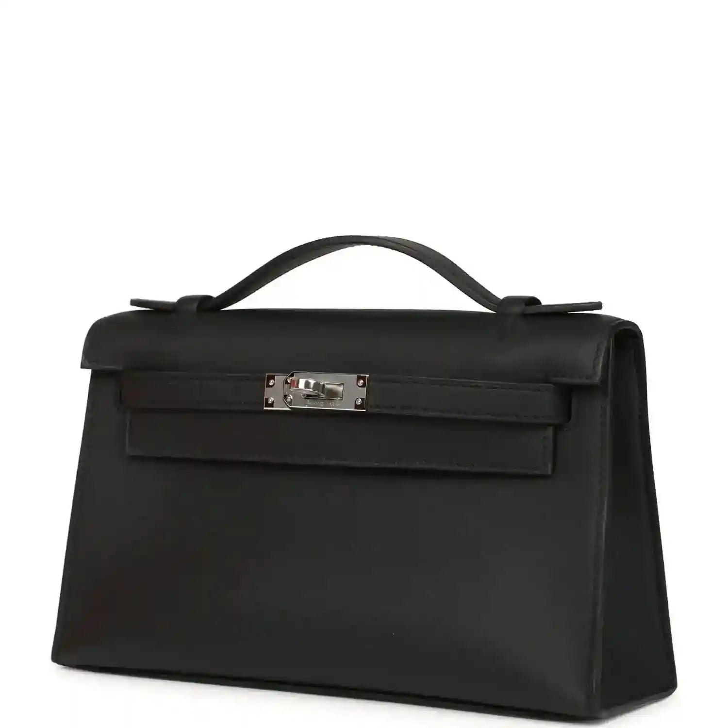 Hermes Kelly pochette handbag front view in black leather with palladium clasp