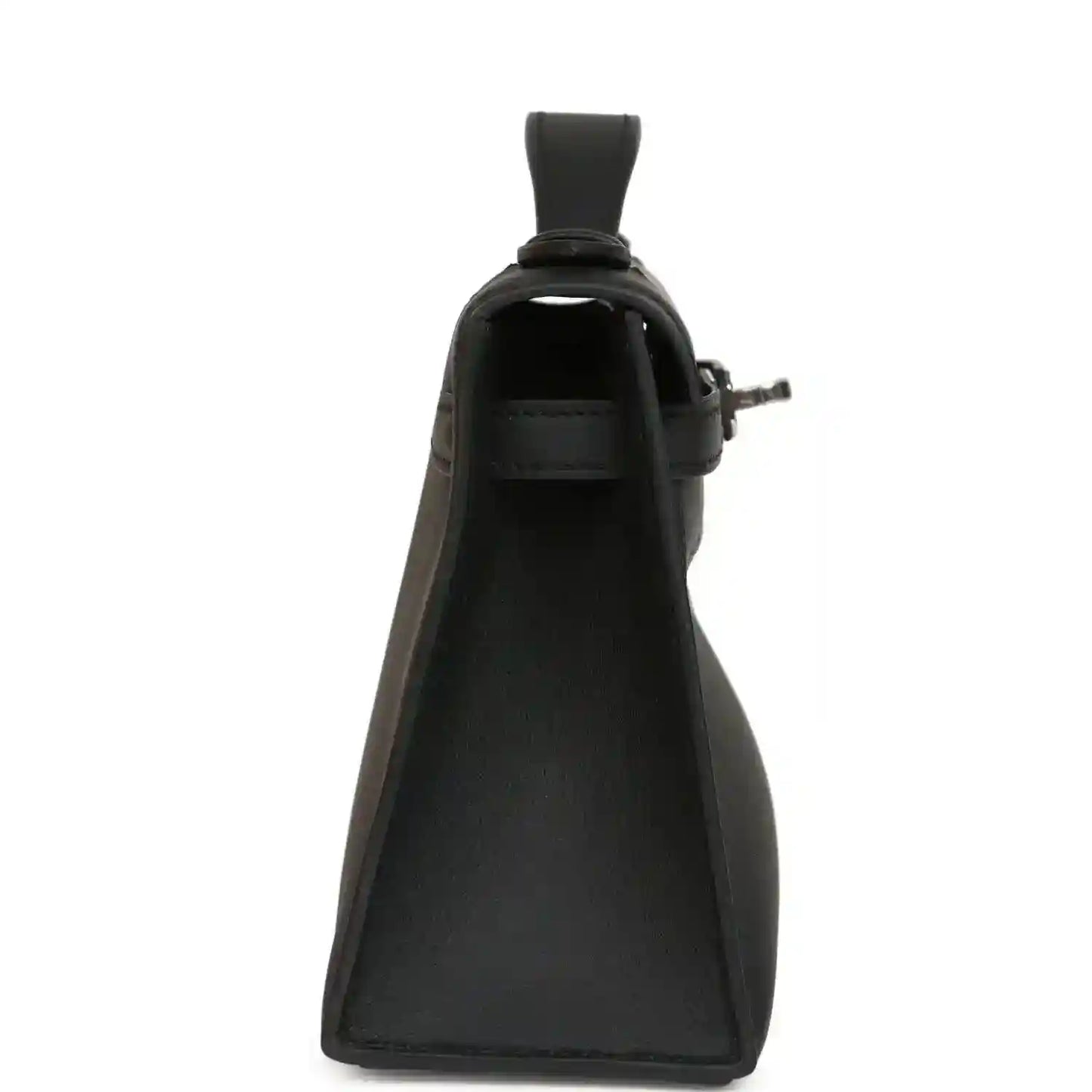 Hermes Kelly pochette handbag side view in black leather with top handle