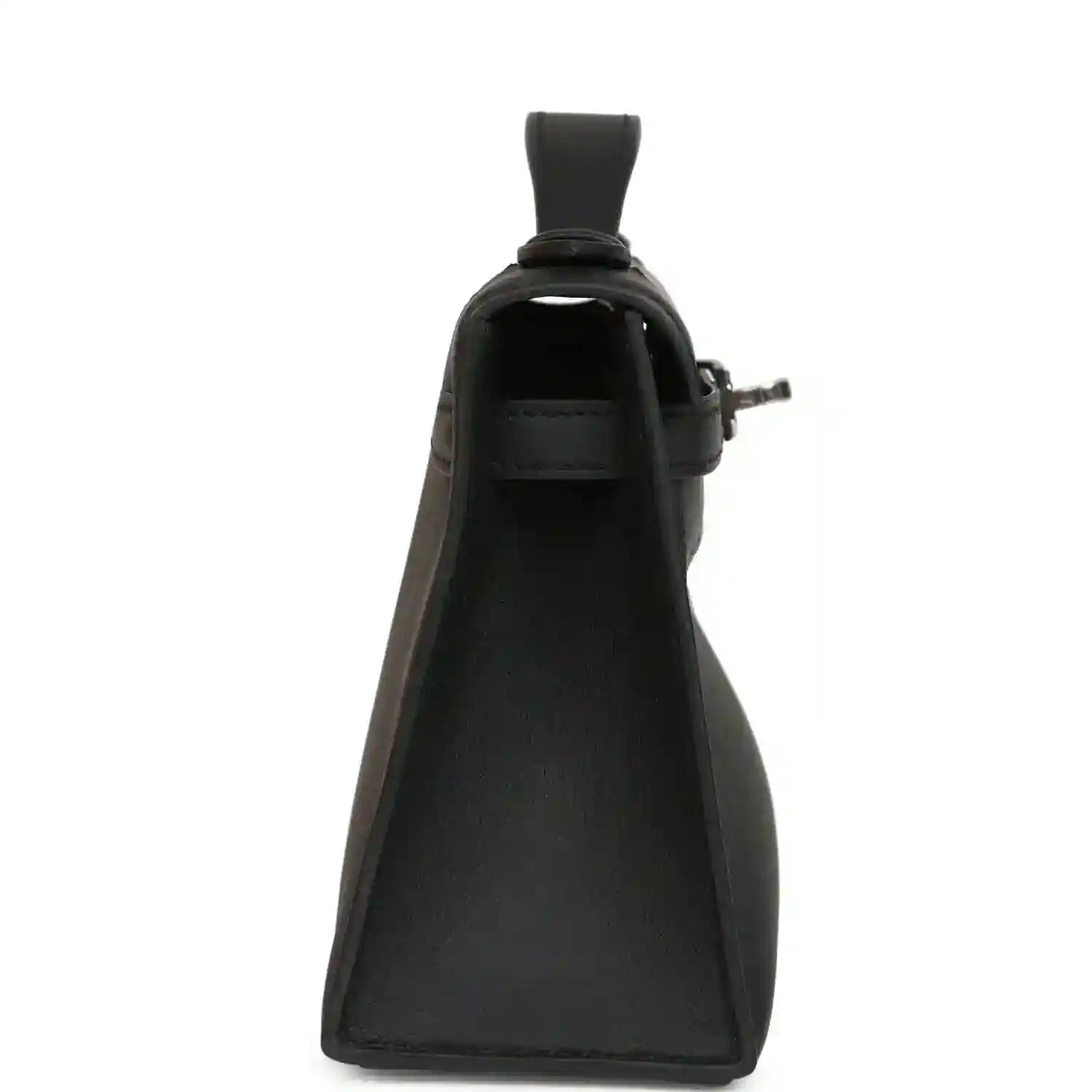 Hermes Kelly pochette handbag side view in black leather with top handle