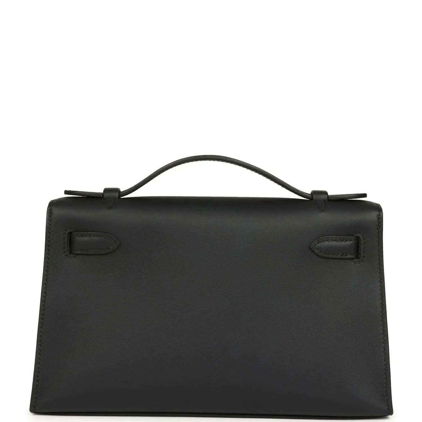 Hermes Kelly pochette handbag back view in black leather with flap lock