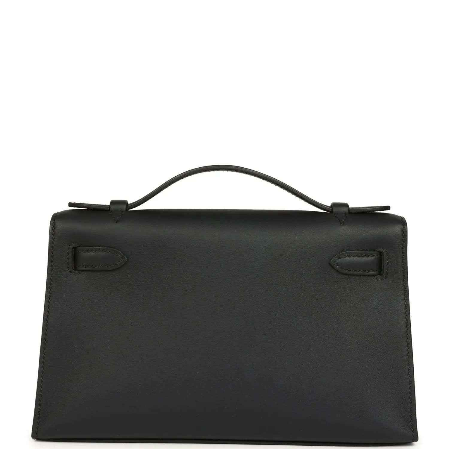 Hermes Kelly pochette handbag back view in black leather with flap lock