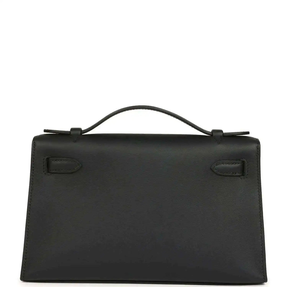 Hermes Kelly pochette handbag back view in black leather with flap lock
