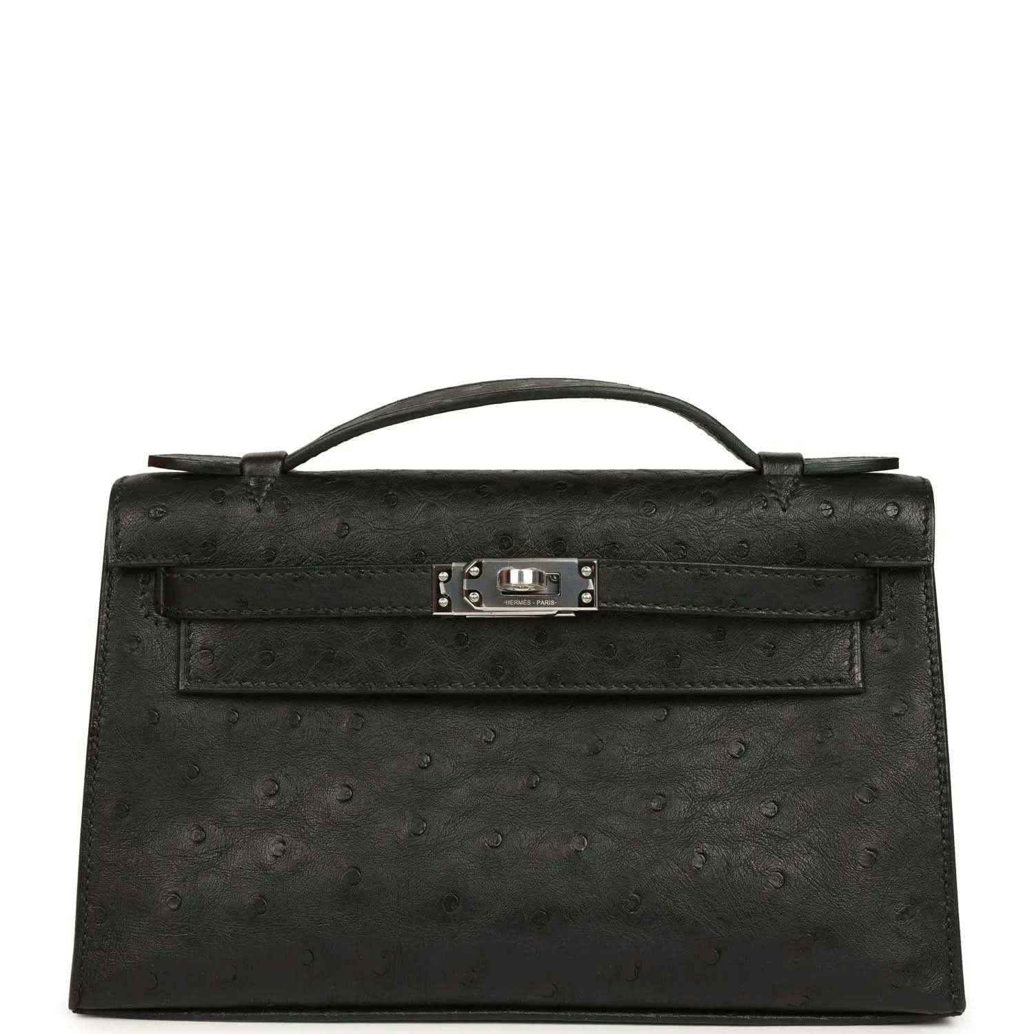 Black ostrich leather clutch with top handle, front flap and silver-tone clasp