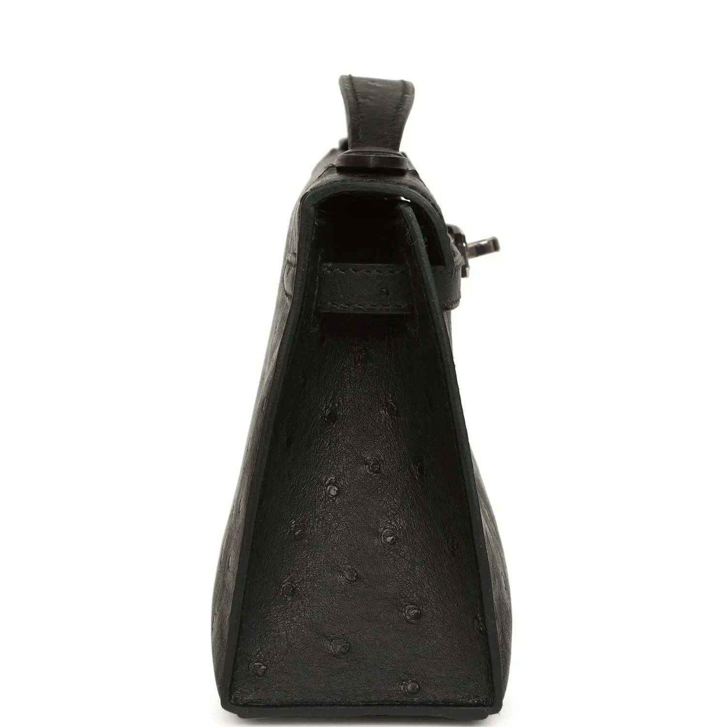 Black ostrich leather clutch, back view with side loop handle and hardware