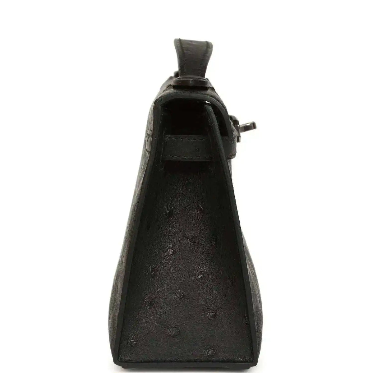 Black ostrich leather clutch, back view with side loop handle and hardware