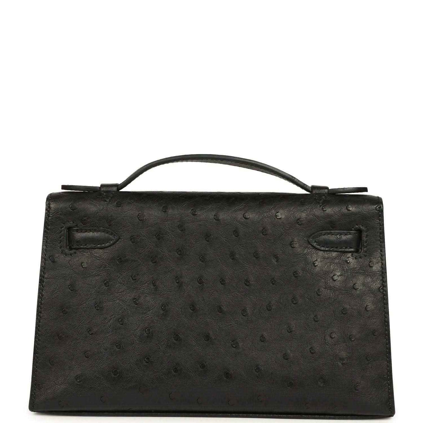 Black ostrich leather Kelly clutch front, top handle, flap with silver-tone clasp