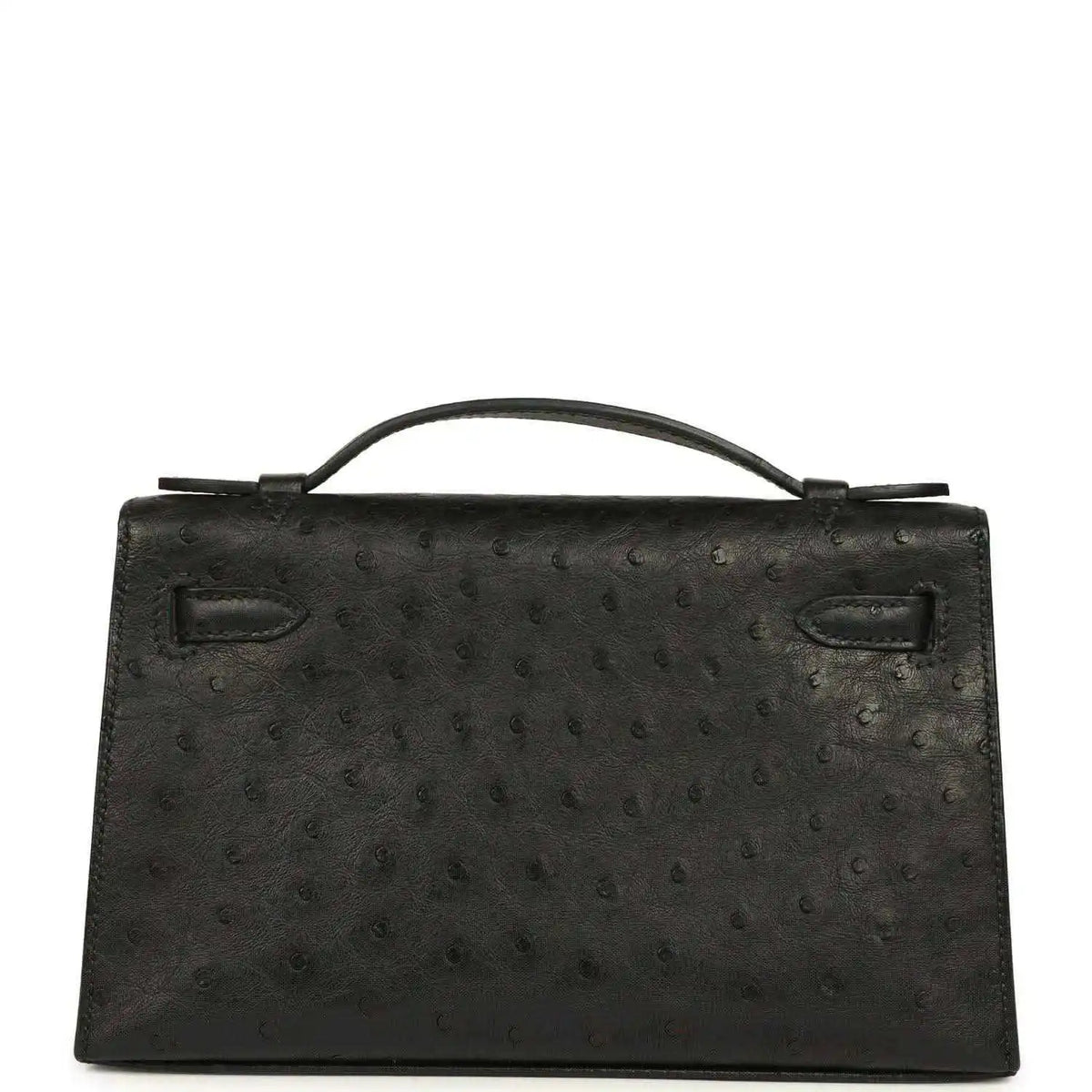 Black ostrich leather Kelly clutch front, top handle, flap with silver-tone clasp