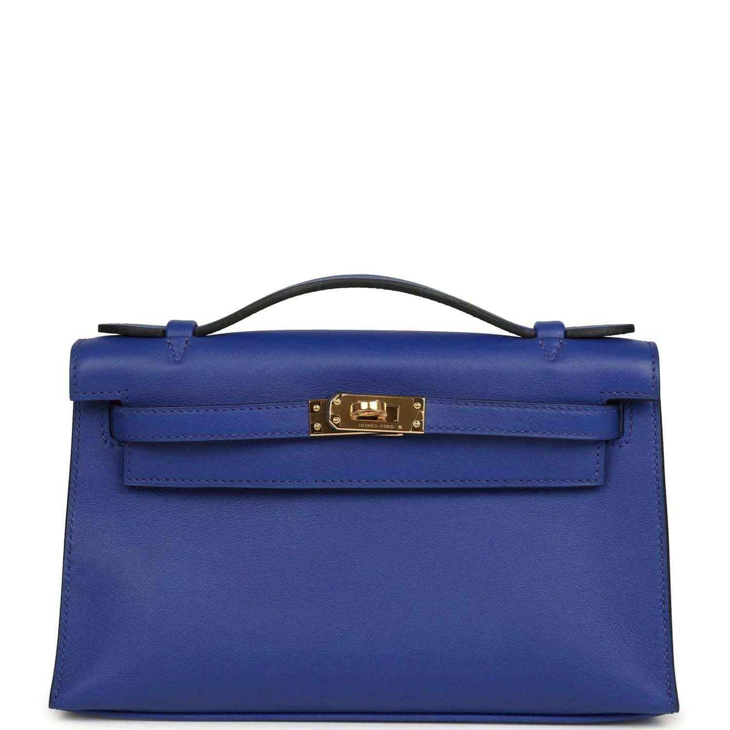 Electric blue leather pochette with top handle and front flap, gold-tone clasp