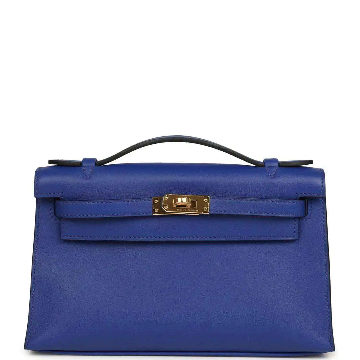 Electric blue leather pochette with top handle and front flap, gold-tone clasp