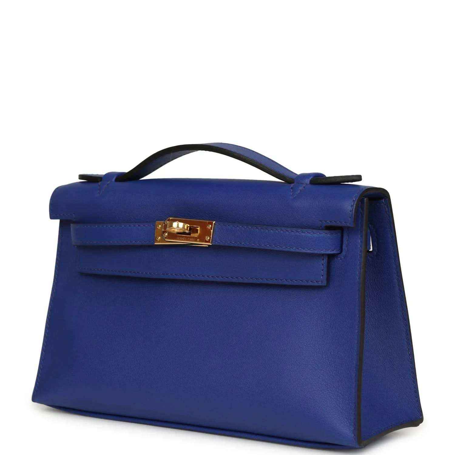 Electric blue leather pochette with top handle, flap, and gold-tone front hardware