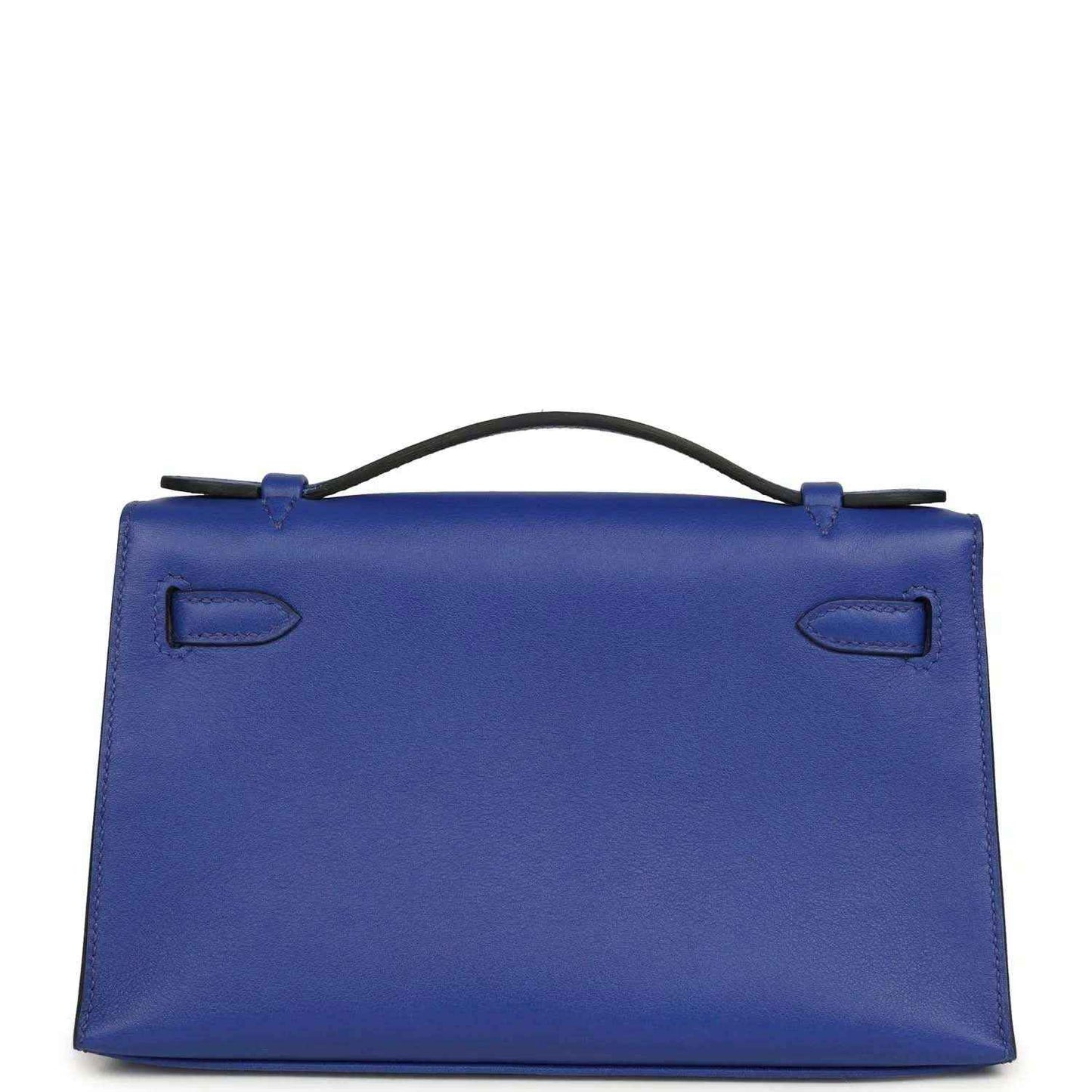 Electric blue leather pochette with top handle, flap closure, and stitched details