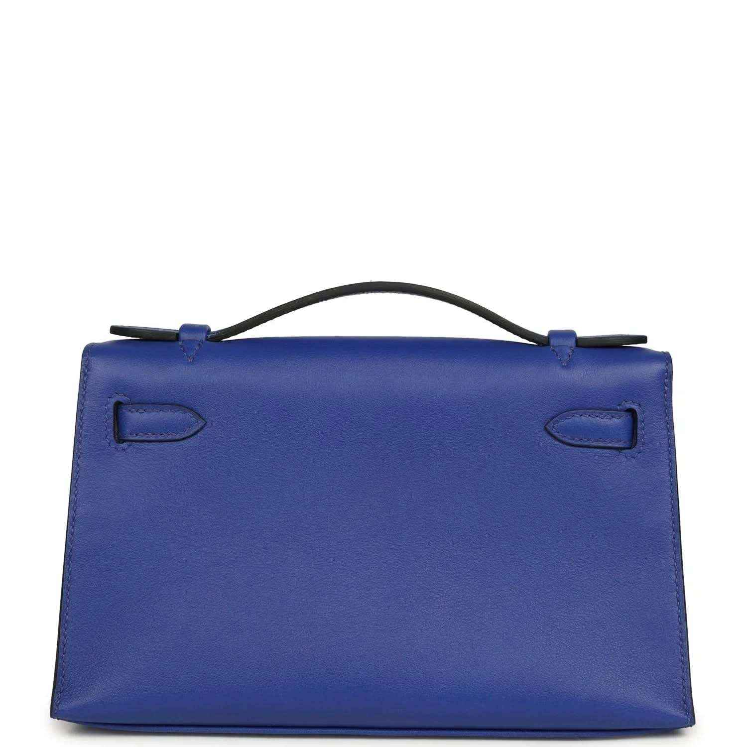 Electric blue leather pochette with top handle, flap closure, and stitched details