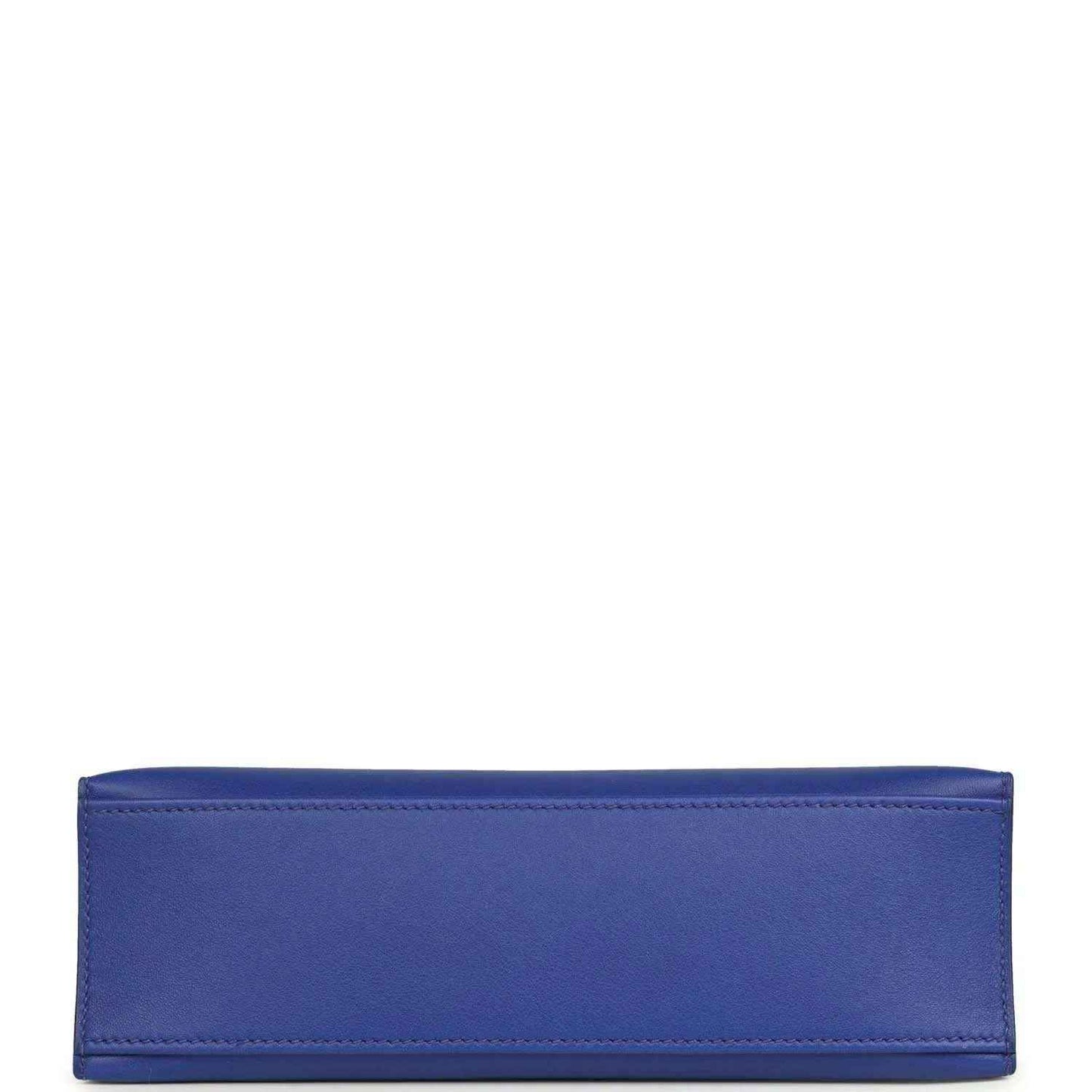 Electric blue leather pochette back panel with top-edge piping and reinforced seams