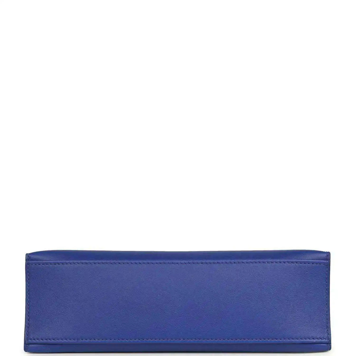 Electric blue leather pochette back panel with top-edge piping and reinforced seams