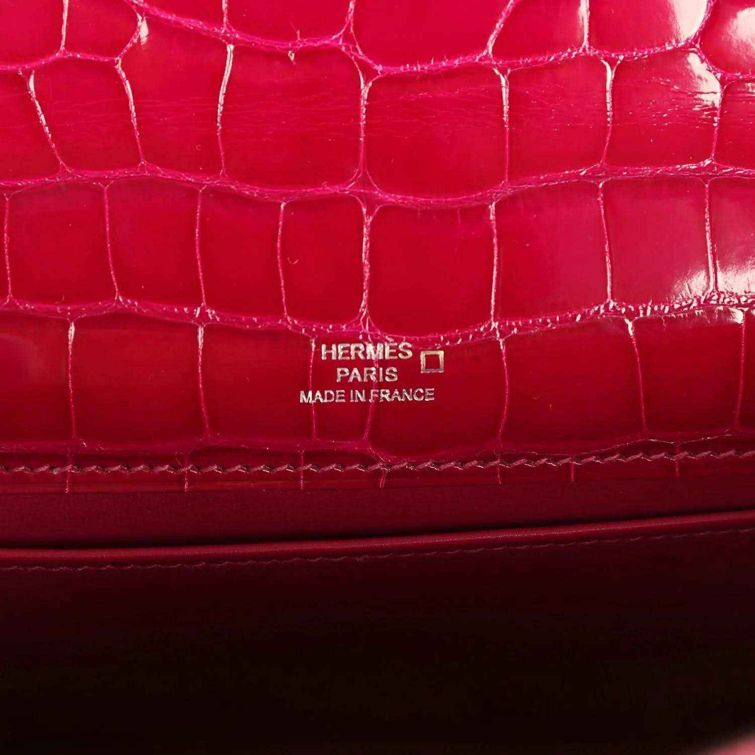 Hermes Paris made in France stamp on magenta crocodile-effect leather bag