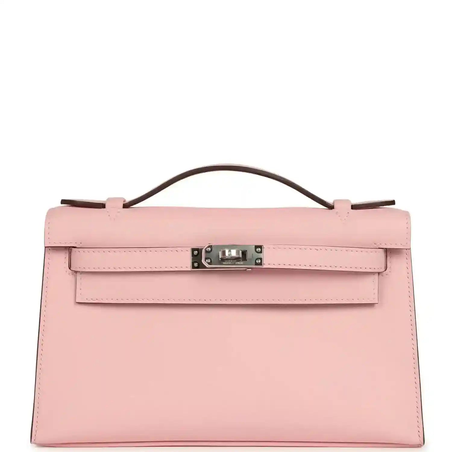 Hermes Kelly pochette bag in rose pink leather with handle, flap and palladium clasp