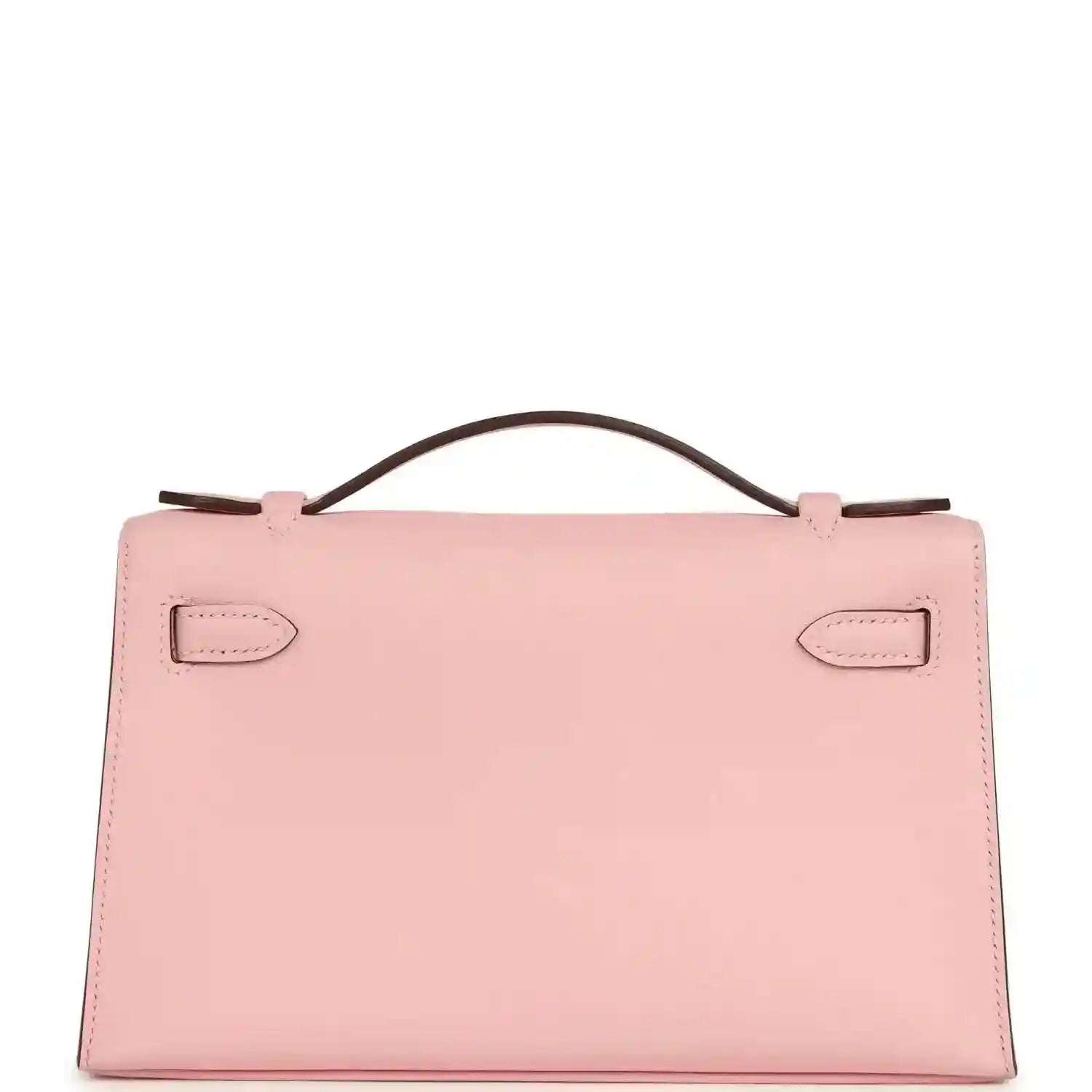 Hermes Kelly pochette bag in rose pink leather with top handle and front lock tabs