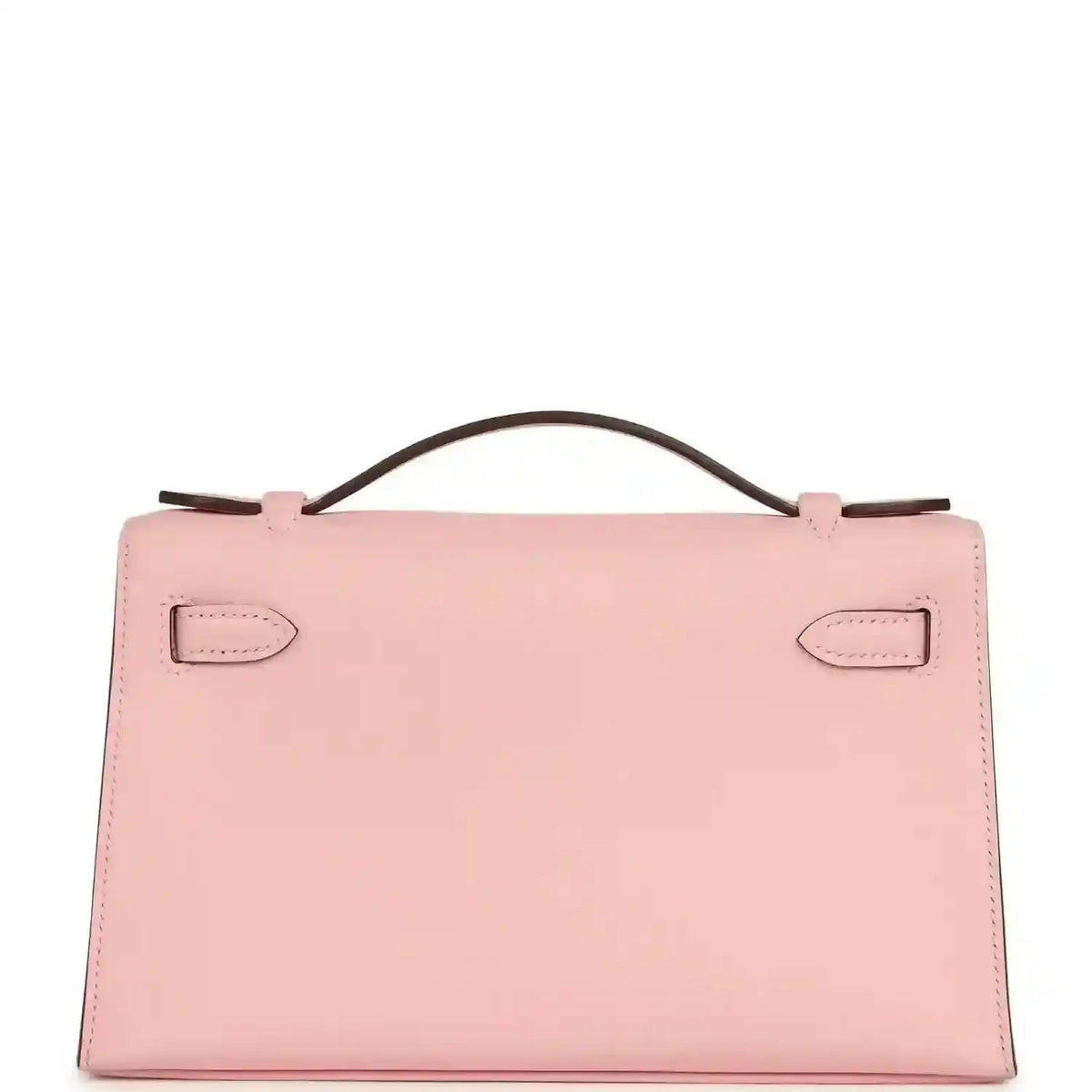 Hermes Kelly pochette bag in rose pink leather with top handle and front lock tabs