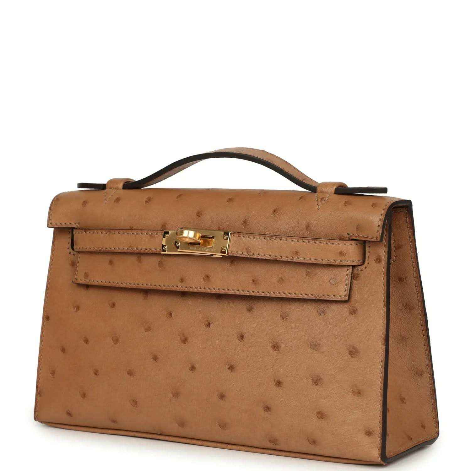 Tan textured leather clutch with gold front clasp and top handle