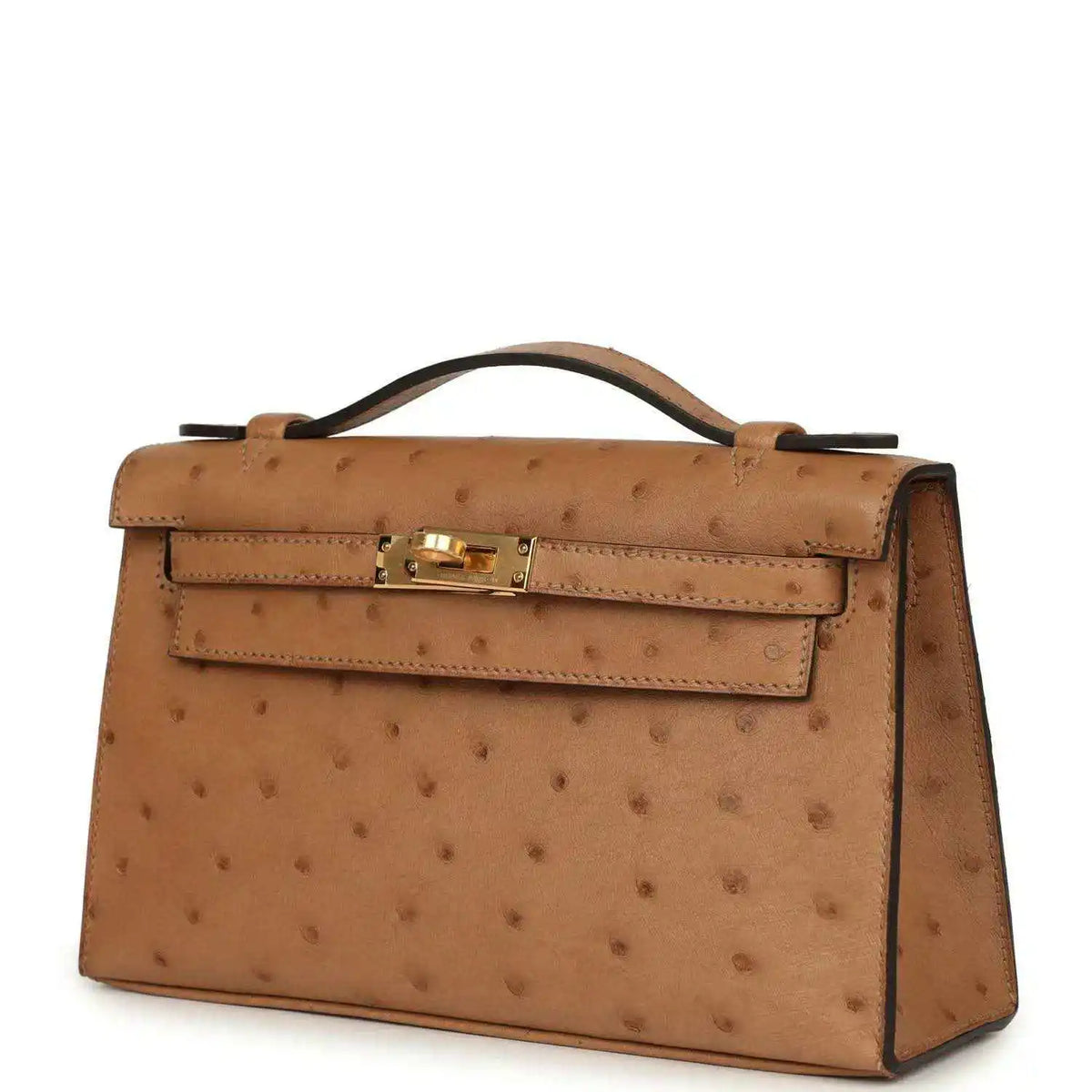 Tan textured leather clutch with gold front clasp and top handle