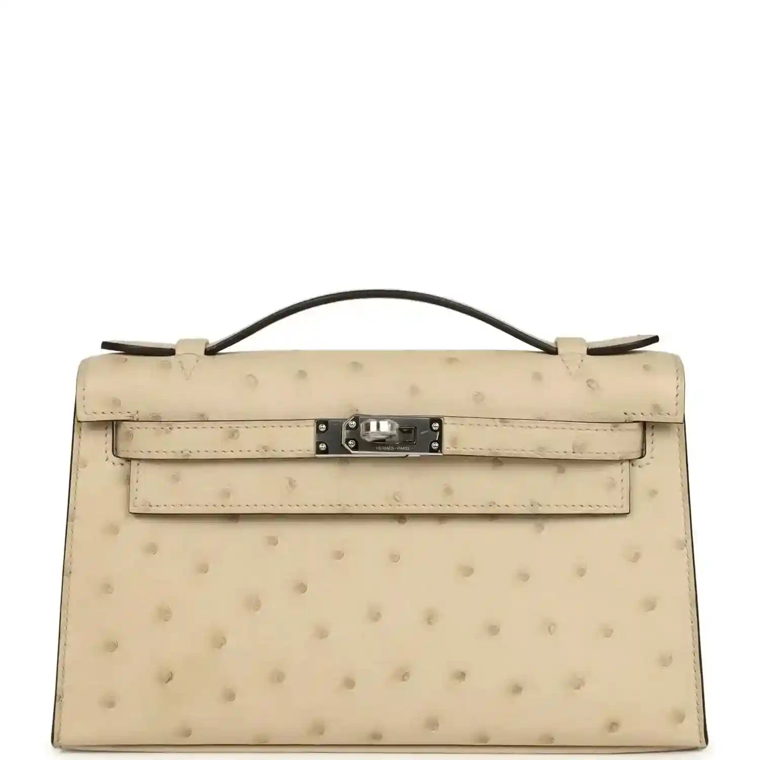 Beige ostrich-leather clutch with top handle, flap and palladium-tone hardware