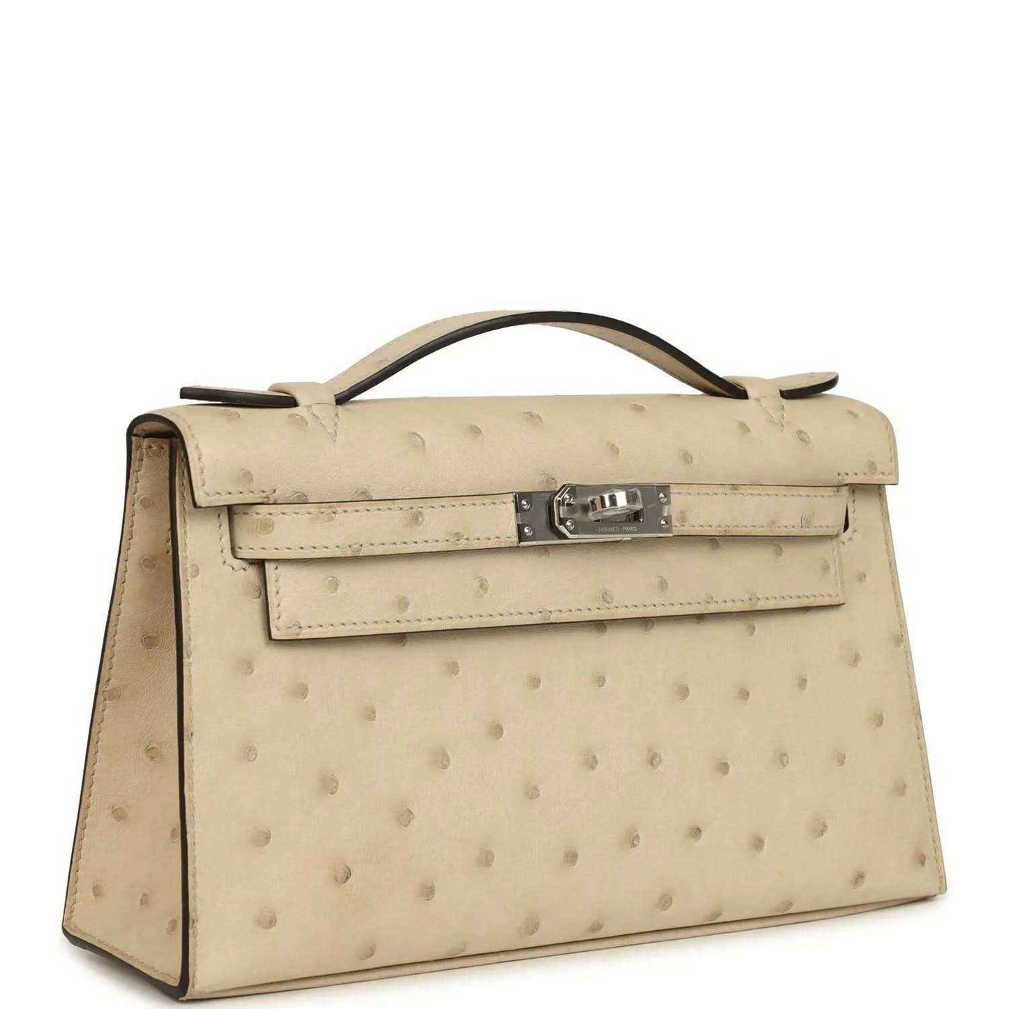 Beige ostrich-leather clutch with curved handle and front flap, side profile